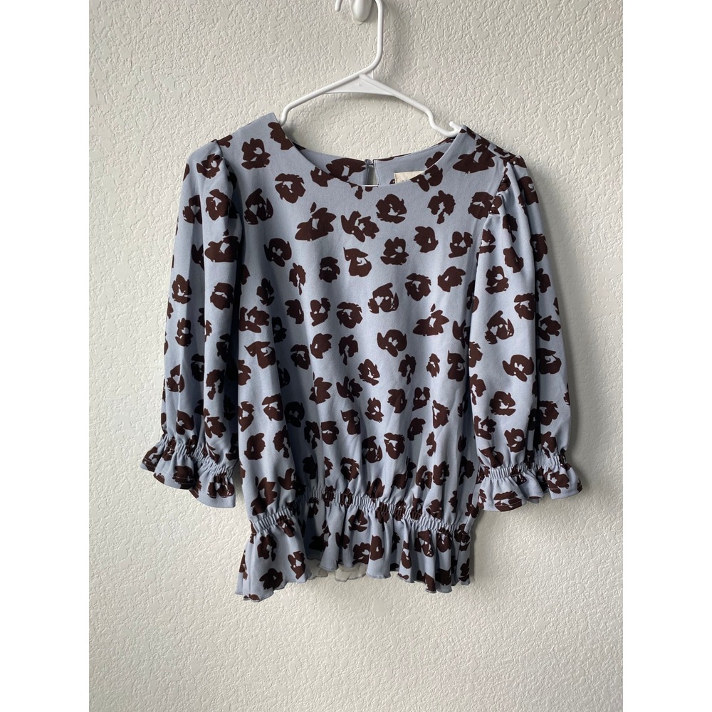 Melloday Women Floral Smocked Peplum Blouse CET212016-TM Size M Blue Brown